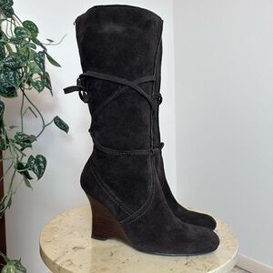 Vintage 90s 2000s knee high chunky square rounded toe high heel wedge boots